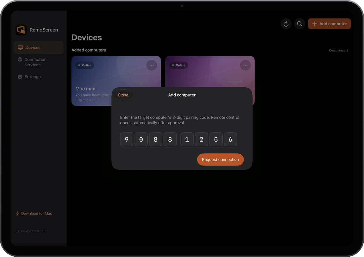 Adding a computer on iPad by entering the 8-digit pairing code