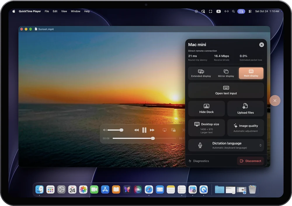 Playing a video from the Mac on iPad, next to the RemoScreen menu