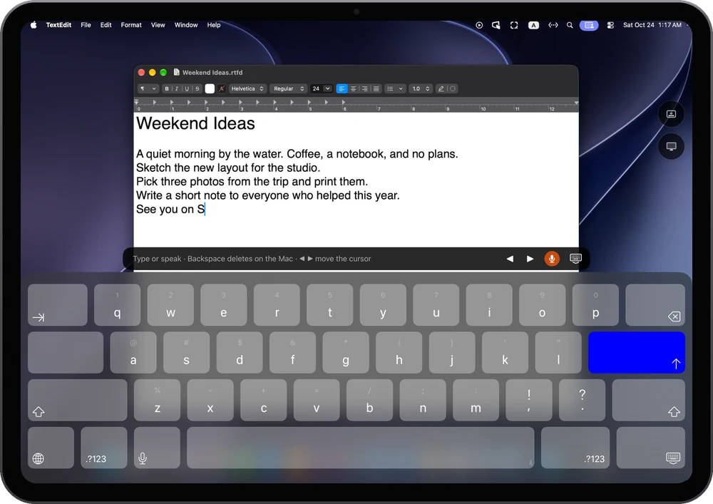 iPad 키보드로 Mac의 문서에 입력하는 모습