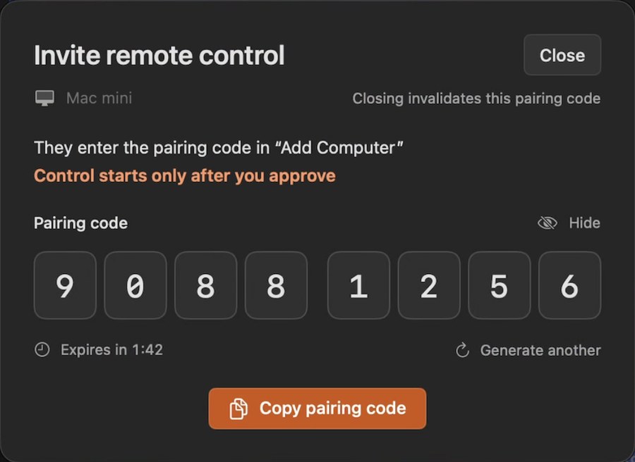 La ventana «Invitar a control remoto» del Mac, con el código de enlace