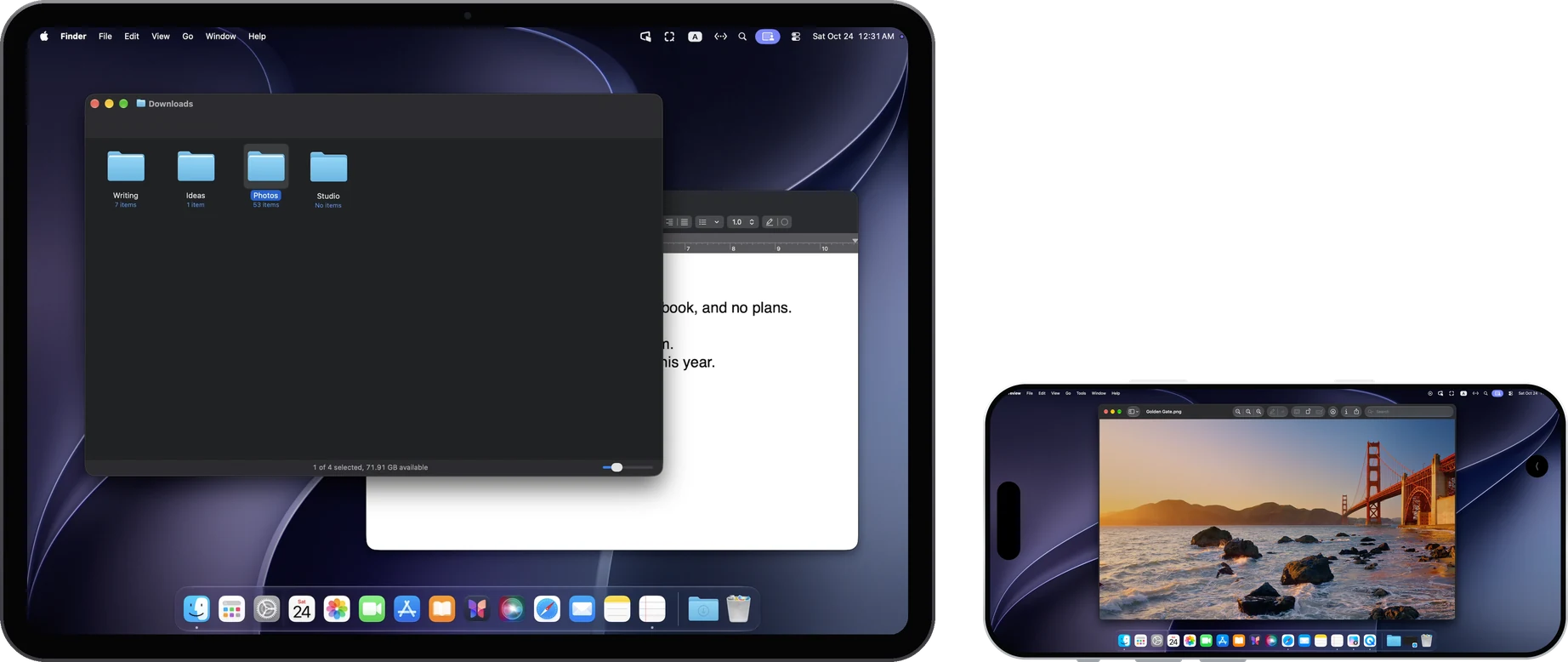 iPad에서 Mac Finder의 폴더를 열고, 옆에 가로로 놓인 iPhone에는 Mac의 미리보기 창이 보인다